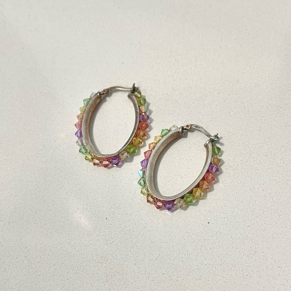 Silver Hoop Earrings with Colorful Beaded Design